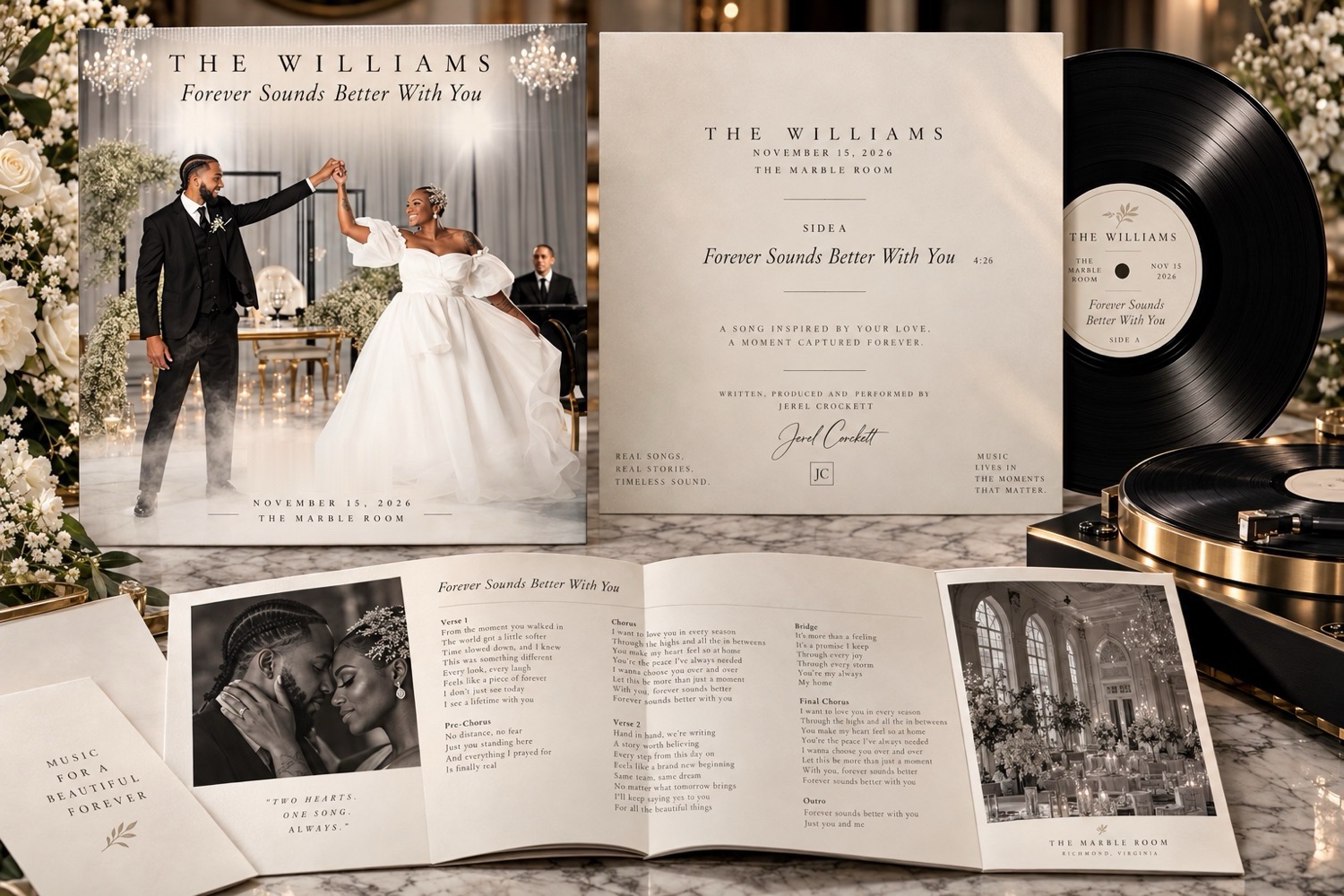 The Signature Song pressed to vinyl - custom sleeve, record label, lyric booklet and turntable